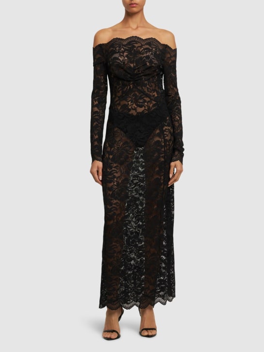 Rabanne: Off-the-shoulder lace l/s midi dress - Black - women_1 | Luisa Via Roma