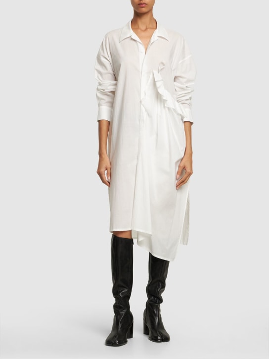 Yohji Yamamoto: Vestido midi asimétrico de algodón fruncido - Blanco - women_1 | Luisa Via Roma