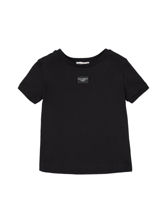 Dolce&Gabbana: Logo patch cotton t-shirt - Siyah - kids-girls_0 | Luisa Via Roma