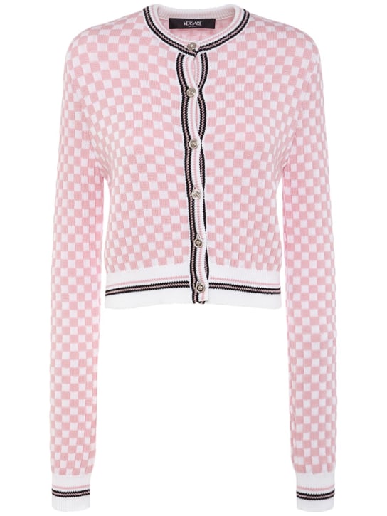 Versace: 格纹提花针织开衫 - 粉色/多色 - women_0 | Luisa Via Roma