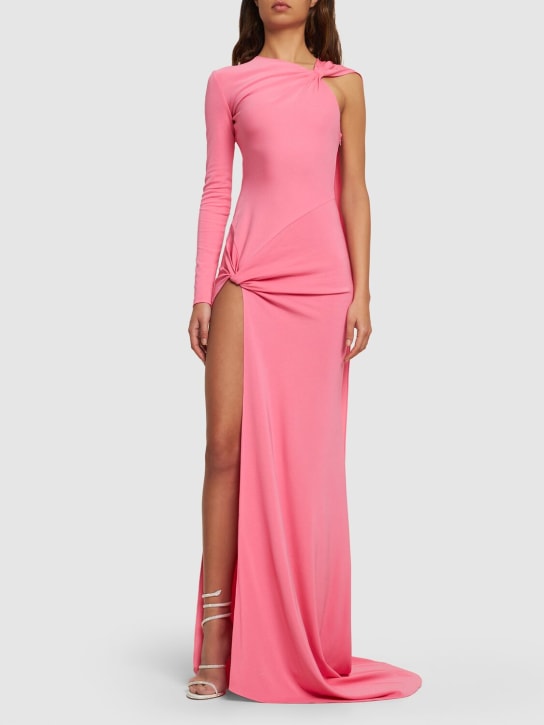 David Koma: Ruched jersey one-sleeve gown w/ knots - Pink - women_1 | Luisa Via Roma