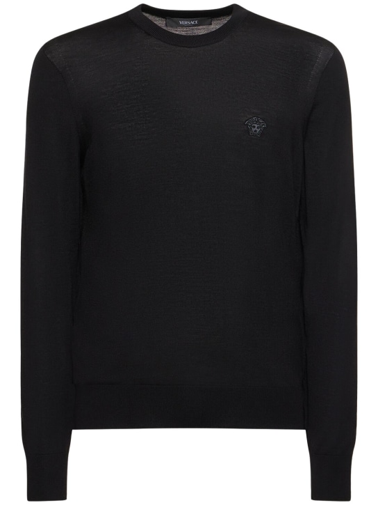 Versace: Suéter de punto de lana y seda - Negro - men_0 | Luisa Via Roma