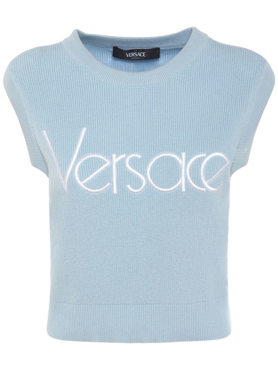 Versace: Pull sans manches en maille brodée à logo - Bleu Clair - women_0 | Luisa Via Roma