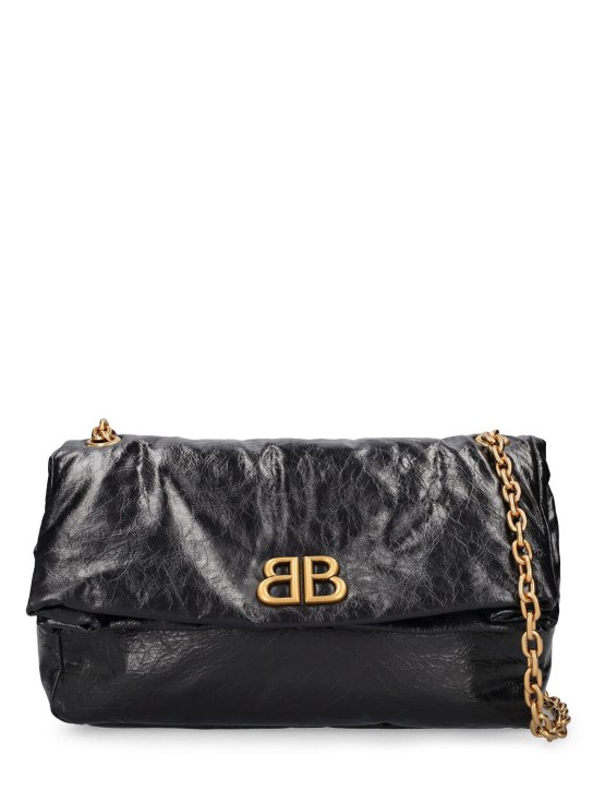 Balenciaga: Medium Monaco leather shoulder bag - Siyah - women_0 | Luisa Via Roma