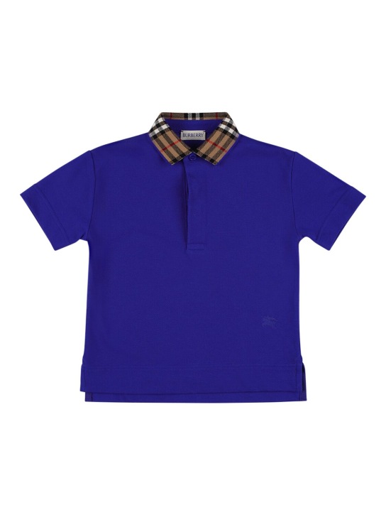 Burberry: Polo en piqué de coton avec col à carreaux - Bleu - kids-boys_0 | Luisa Via Roma
