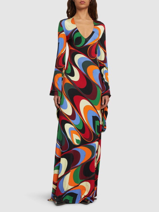 Pucci: 绸缎平纹针织长袖长款连衣裙 - 橙色/绿色 - women_1 | Luisa Via Roma