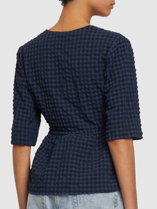 GANNI: Seersucker stretch tech V-neck top - Blue - women_2 | Luisa Via Roma