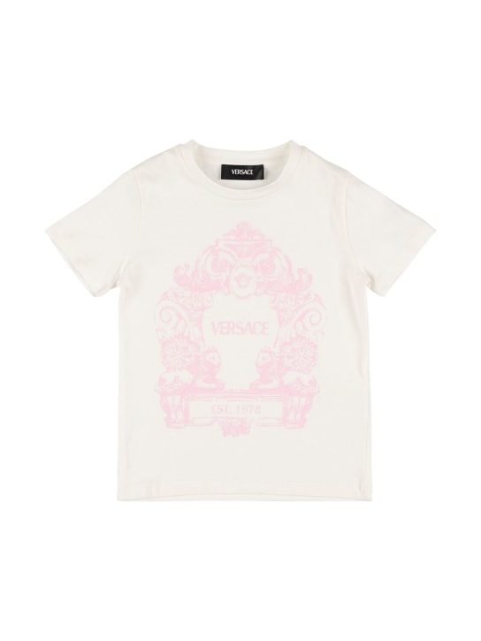 Versace: Camiseta de jersey de algodón con logo - Blanco/Rosa - kids-girls_0 | Luisa Via Roma