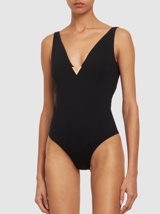 Valentino: Lycra v-neck logo one piece swimsuit - Black - women_1 | Luisa Via Roma