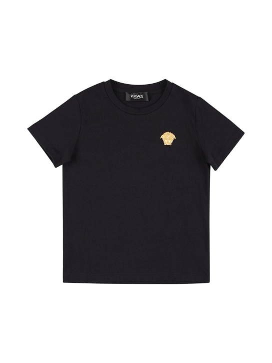 Versace: T-Shirt aus Baumwolljersey mit Stickerei - Schwarz/Gold - kids-boys_0 | Luisa Via Roma
