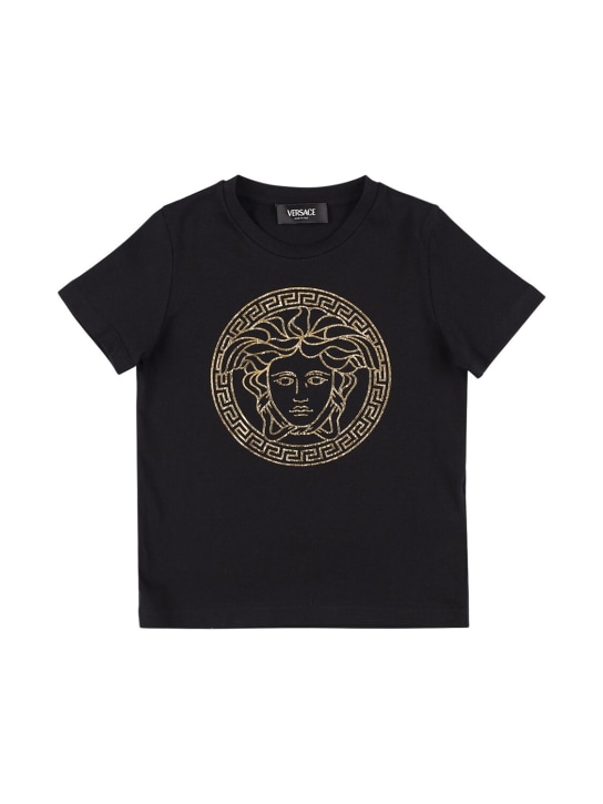 Versace: T-shirt in jersey di cotone con stampa Medusa - Nero/Oro - kids-boys_0 | Luisa Via Roma