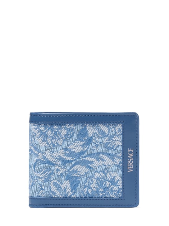 Versace: Portefeuille en cuir et jacquard à logo - Bleu Bébé - men_0 | Luisa Via Roma