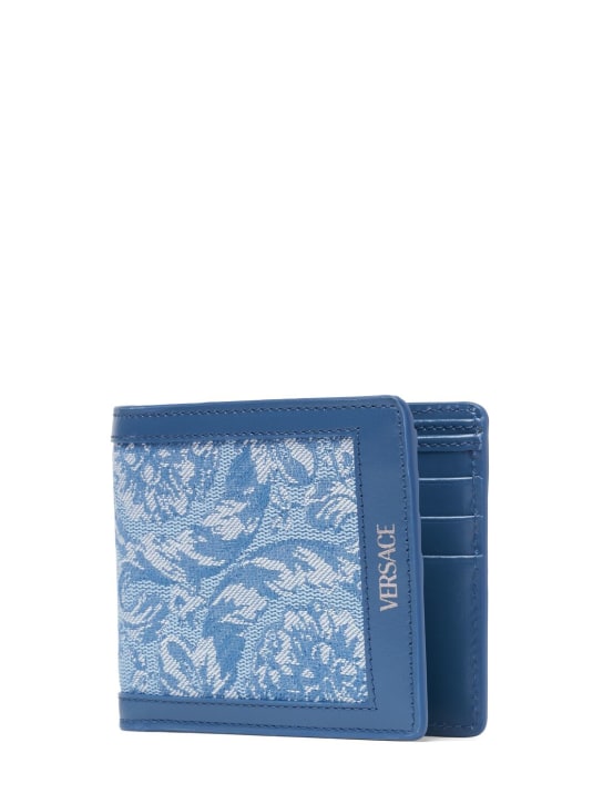 Versace: Jacquard & leather logo bifold wallet - Light Blue - men_1 | Luisa Via Roma