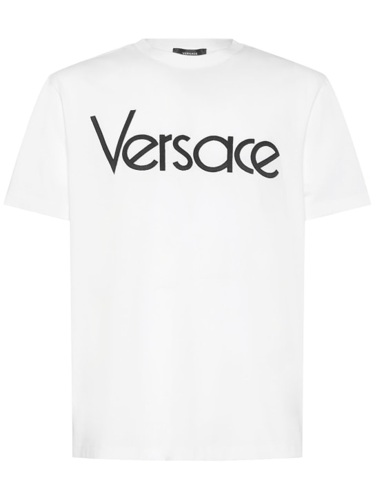 Versace: Logo printed cotton t-shirt - Beyaz - men_0 | Luisa Via Roma