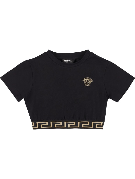 Versace: T-shirt in jersey di cotone con ricamo - Nero/Oro - kids-girls_0 | Luisa Via Roma