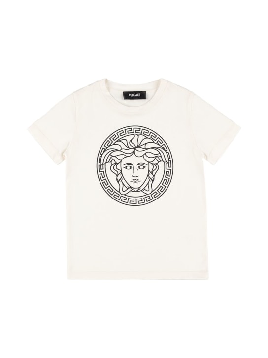 Versace: T-shirt en jersey de coton imprimé Medusa - Blanc/Noir - kids-boys_0 | Luisa Via Roma