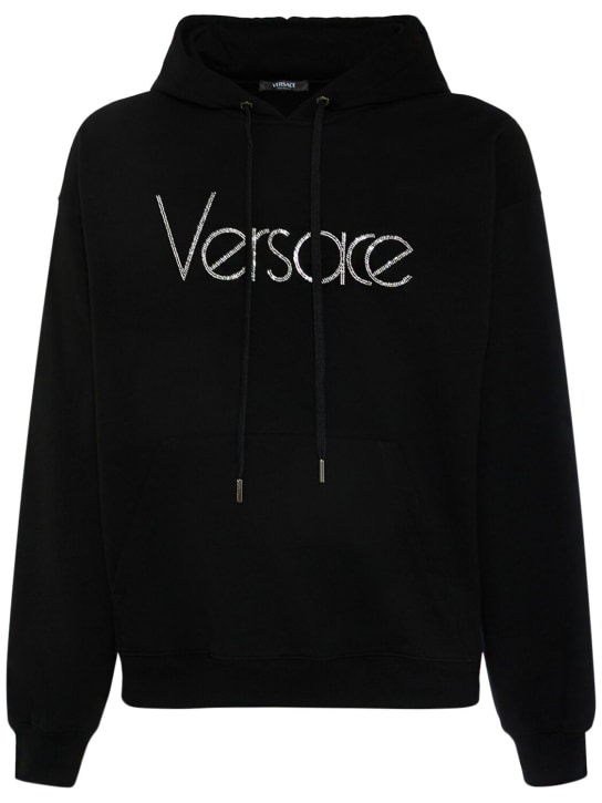 Versace: Felpa in jersey di cotone con cappuccio - Nero - men_0 | Luisa Via Roma
