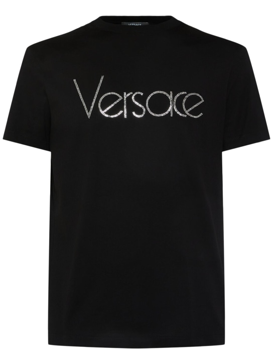 Versace: Versace logo embroidered t-shirt - Siyah - men_0 | Luisa Via Roma