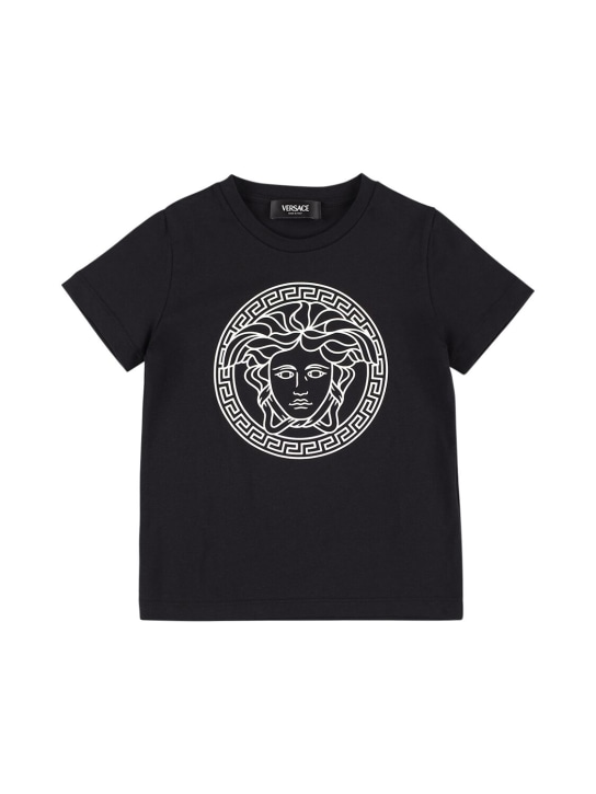Versace: T-shirt en jersey de coton imprimé Medusa - Noir/Blanc - kids-boys_0 | Luisa Via Roma