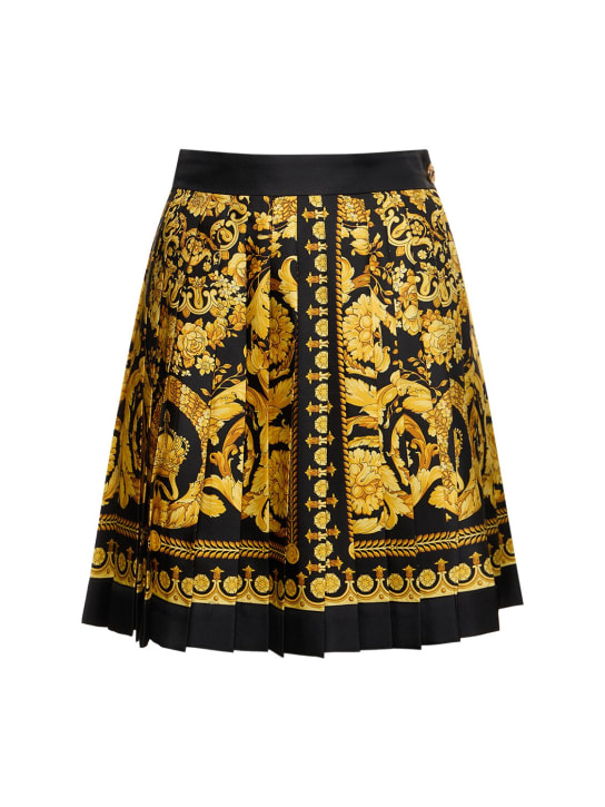 Versace: Falda de sarga de seda con estampado - Negro/Dorado - women_0 | Luisa Via Roma