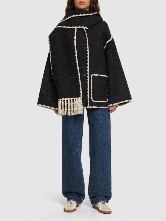 Toteme: Bestickte Jacke aus Wollmischgewebe mit Schal - Dunkelgrau - women_1 | Luisa Via Roma