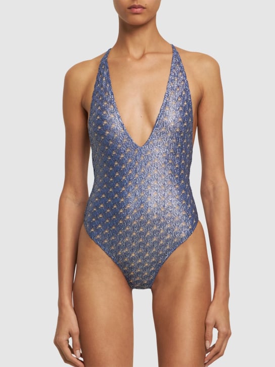 Missoni: Crochet lurex one piece swimsuit - Blue/Silver - women_1 | Luisa Via Roma