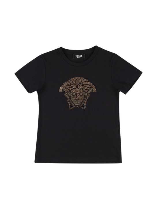 Versace: 크리스털 메두사 코튼 저지 티셔츠 - 블랙/골드 - kids-girls_0 | Luisa Via Roma