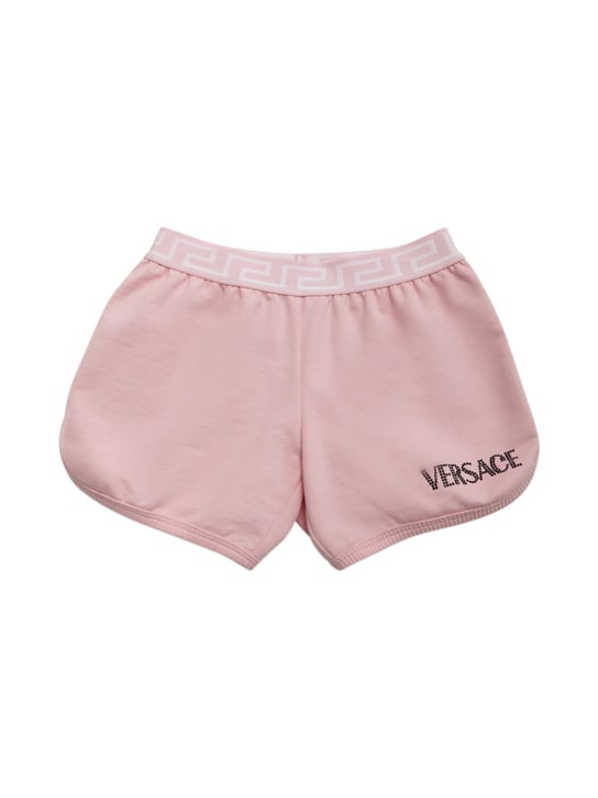 Versace: Shorts in jersey di cotone con logo - Rosa/Nero - kids-girls_0 | Luisa Via Roma