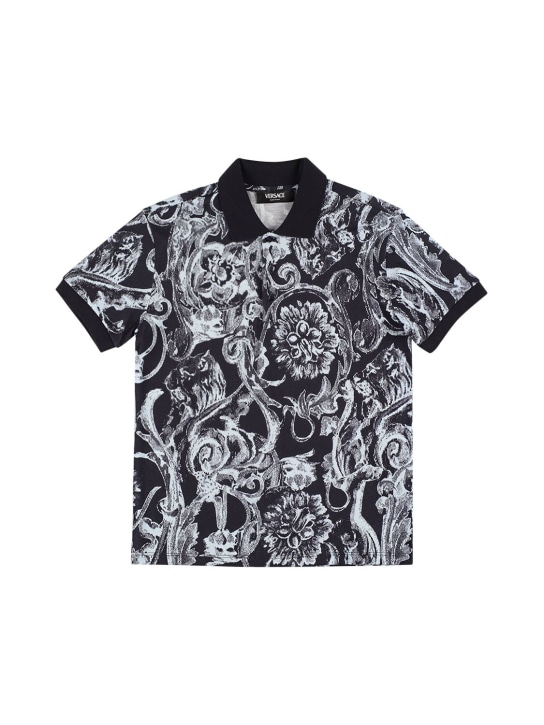 Versace: Baroque print cotton piquet polo shirt - Navy - kids-boys_0 | Luisa Via Roma