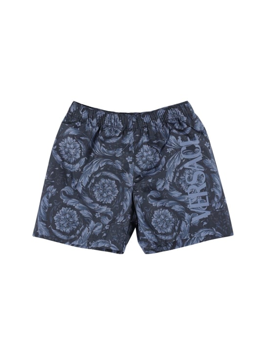 Versace: Bañador shorts de nylon con estampado - Azul Marino - kids-boys_0 | Luisa Via Roma