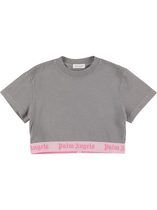 Palm Angels: T-shirt cropped Dusty in cotone con logo - Grigio - kids-girls_0 | Luisa Via Roma