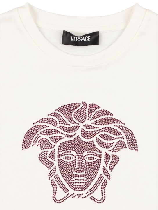 Versace: T-shirt Medusa in jersey di cotone con cristalli - Bianco/Rosa - kids-girls_1 | Luisa Via Roma