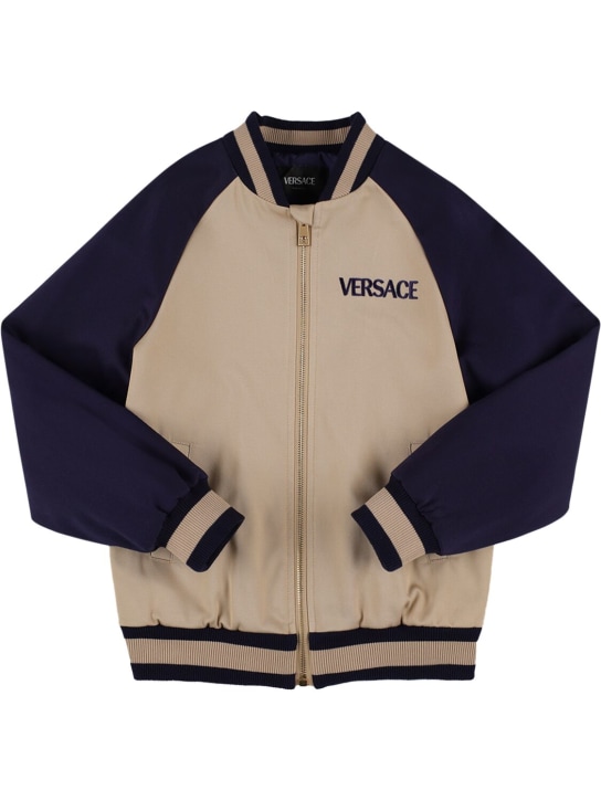 Versace: Embroidered padded varsity jacket - Bej/Mavi - kids-boys_0 | Luisa Via Roma