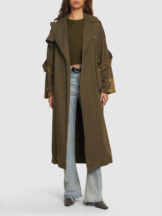 Blumarine: Trench-coat en gabardine de coton avec ceinture - Vert Militaire - women_1 | Luisa Via Roma