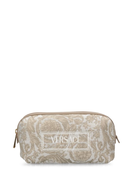 Versace: Kosmetiktasche aus Jacquard mit Logo - Beige - women_0 | Luisa Via Roma