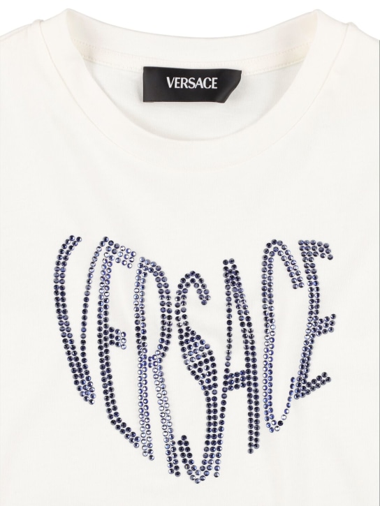 Versace: T-shirt en jersey de coton brodé - Blanc/Bleu Marine - kids-girls_1 | Luisa Via Roma