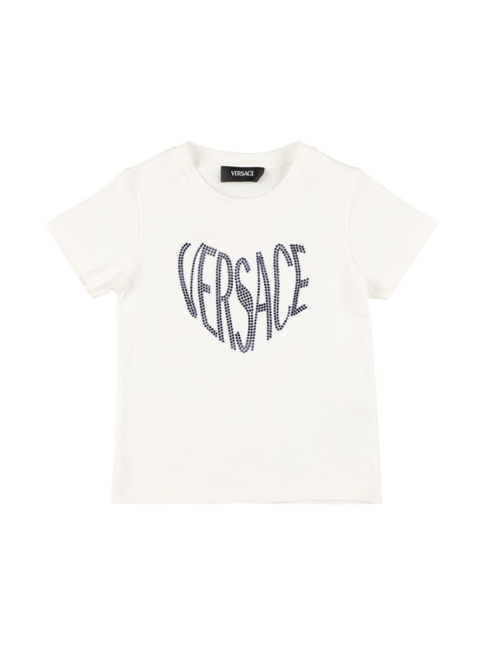 Versace: T-shirt in jersey di cotone con ricamo - Bianco/Navy - kids-girls_0 | Luisa Via Roma