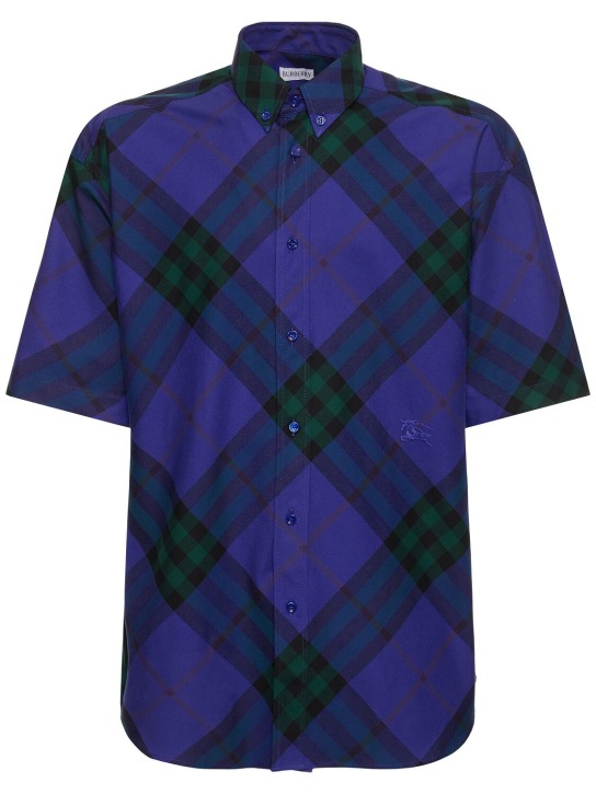 Burberry: Camicia in cotone check con logo - Blu - men_0 | Luisa Via Roma
