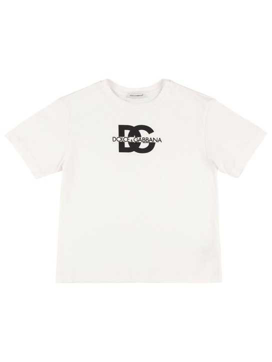 Dolce&Gabbana: Logo印花棉质平纹针织T恤 - 白色 - kids-boys_0 | Luisa Via Roma