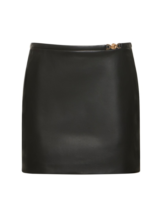 Versace: Leather plongé mini skirt w/logo - Black - women_0 | Luisa Via Roma