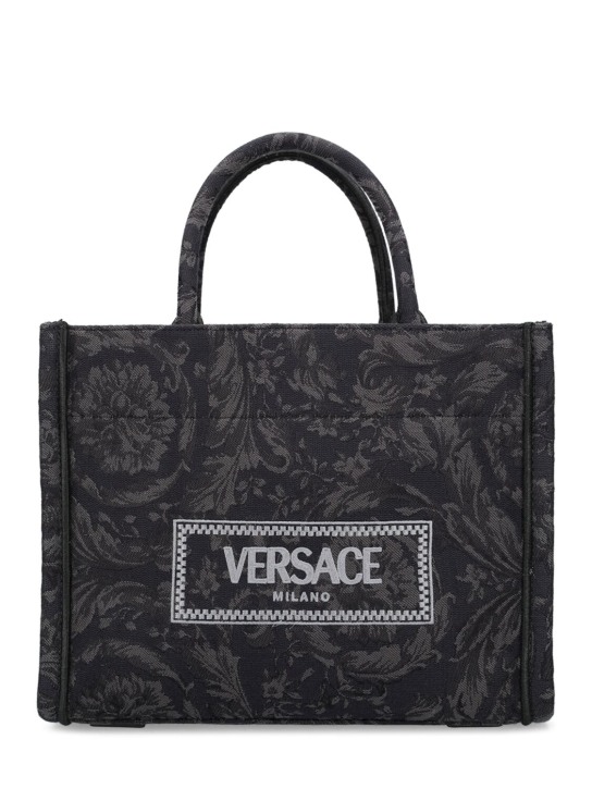 Versace: Small Barocco 자카드 토트백 - 블랙 - women_0 | Luisa Via Roma