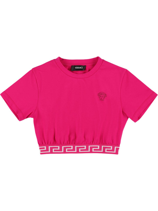 Versace: T-shirt in jersey di cotone con ricamo - Fucsia - kids-girls_0 | Luisa Via Roma