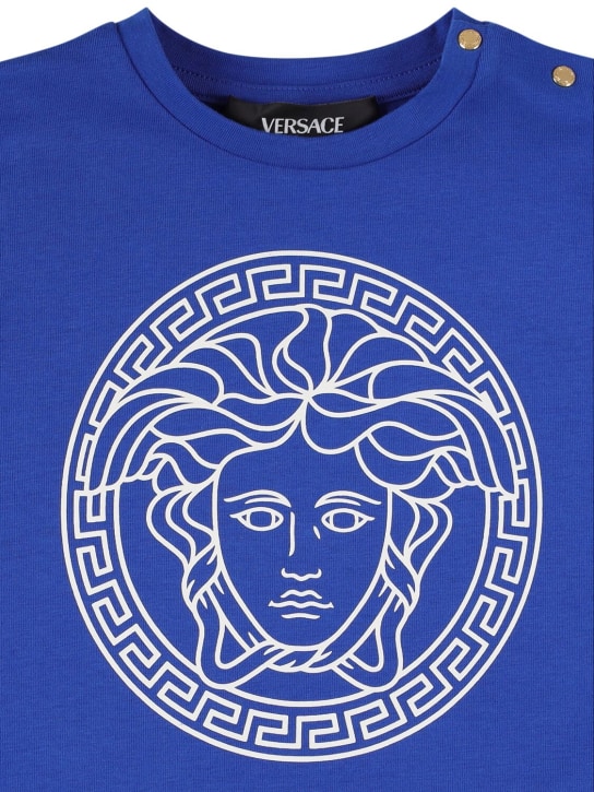 Versace: 프린트 코튼 저지 스트레치 티셔츠 - 블루/화이트 - kids-boys_1 | Luisa Via Roma