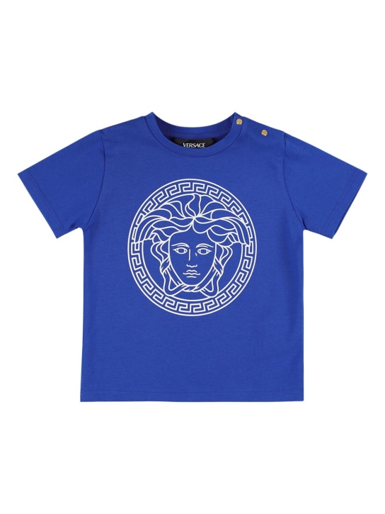 Versace: T-Shirt aus Baumwolljersey mit Druck - Blau/Weiß - kids-boys_0 | Luisa Via Roma