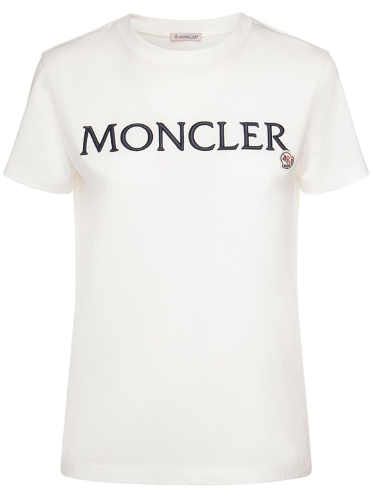 Moncler: T-shirt en coton biologique à logo brodé - Blanc - women_0 | Luisa Via Roma