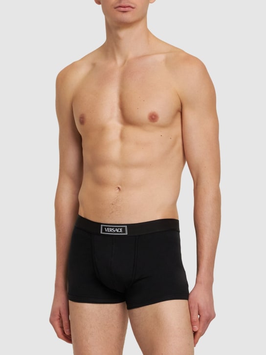 Versace Underwear: Logo cotton boxer briefs - Siyah - men_1 | Luisa Via Roma