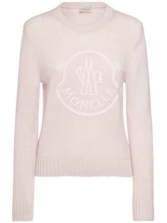 Moncler: Pull-over en laine mélangée à logo brodé - Rose - women_0 | Luisa Via Roma