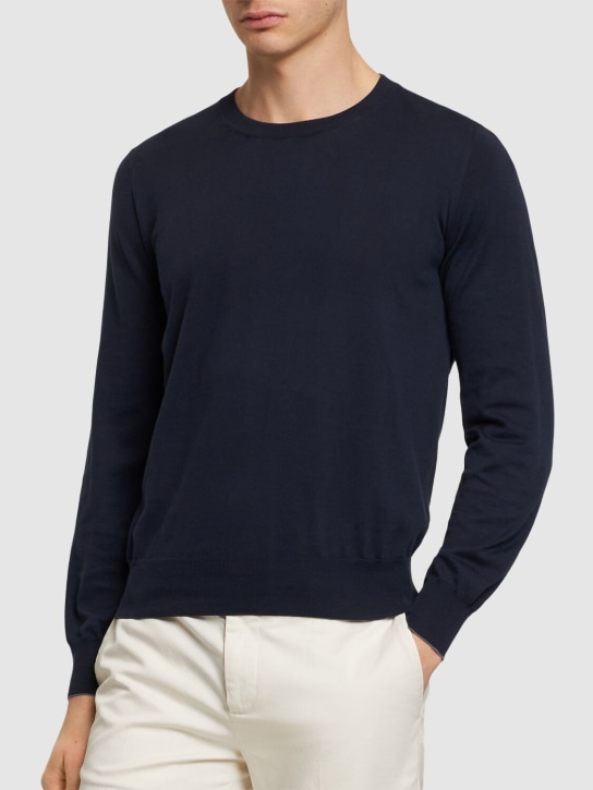 Brunello Cucinelli: Cotton crewneck sweater - Navy - men_2 | Luisa Via Roma