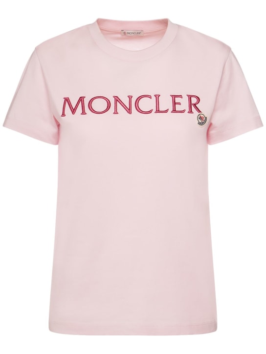 Moncler: T-shirt en coton biologique à logo brodé - Rose - women_0 | Luisa Via Roma