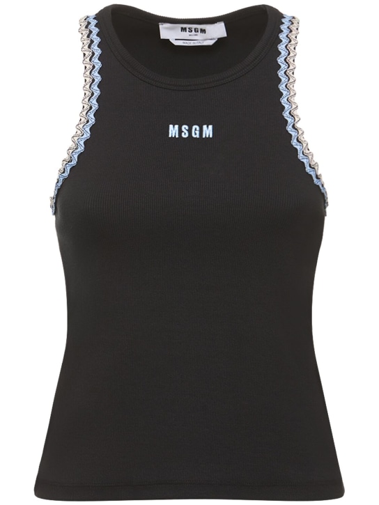 MSGM: Débardeur en jersey de coton à logo - Noir - women_0 | Luisa Via Roma